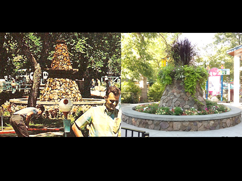 LEFT: The fountain in a 1962 postcard. RIGHT: The shortened fountain as a planter in 2017. Photo: B. Miskin