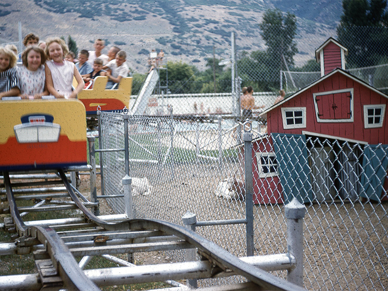 This photo, ca. 1958-60, shows Little Boy Blue's barn and live goats in the middle of the ride. Photo: Janice Staker Brown