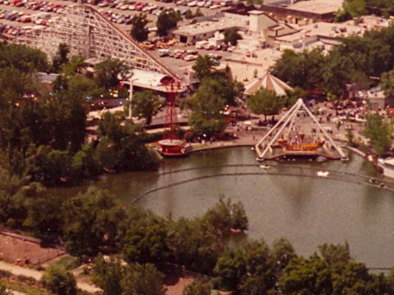 Aerial photo, ca. 1984, showing the Rockets on Lagoon Lake. Photo courtesy of Lagoon