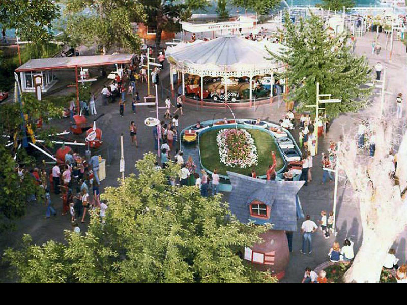 1975 aerial view of Helicopters, Speedway, Jr., European Carousel & Baby Boats. Photo courtesy of Lagoon