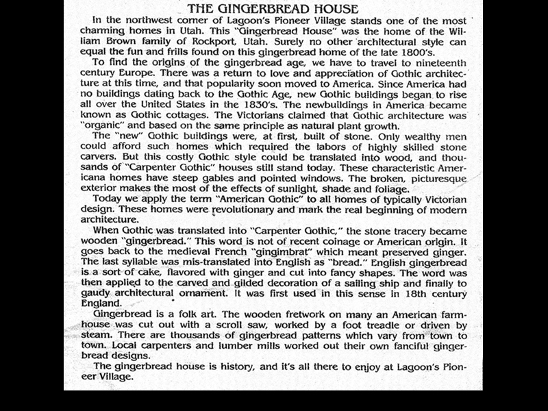 Information on the Gingerbread House from an issue of the Sunset News in 1981.