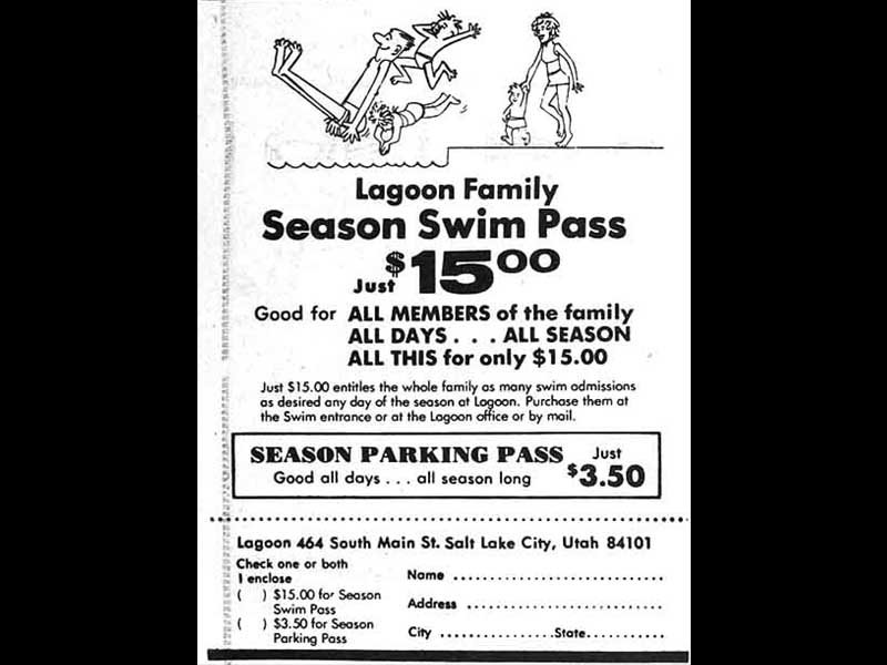 Order form for a Lagoon Family Season Swim Pass in the Davis County Clipper, 1975.