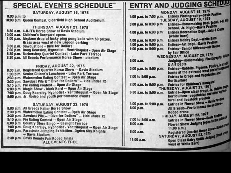 Schedule of events for the 1975 Davis County Fair at Lagoon, printed in the Davis County Clipper.