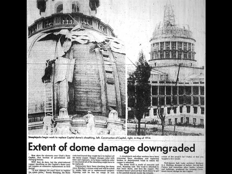 Dome of the capitol building being repaired after a windstorm in 1980. Photo: Deseret News