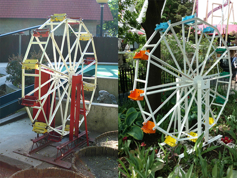 LEFT: Ferris Wheel mini golf obstacle in 2007. Photo: Sam Wibatt. RIGHT: The obstacle was painted to reflect Sky Scraper's colors and placed in front of the ride in 2018. Photo: B. Miskin
