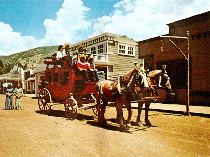 Photo from a 1976 Lagoon brochure showing the stagecoach on Main Street. It's now on display in Carriage Hall.