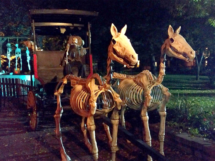 A skeleton-drawn Stagecoach in the Pioneer Village Scare Zone, 2016. Photo: B. Miskin