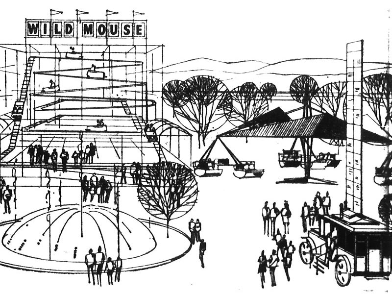 Illustration of the new North Midway from 1965. Space Scrambler is shown next to the Wild Mouse. Image: Deseret News