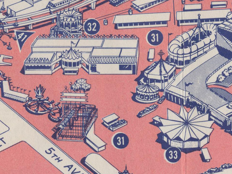 Illustrated map of the 1962 World's Fair with the Wild Mouse in the bottom left.