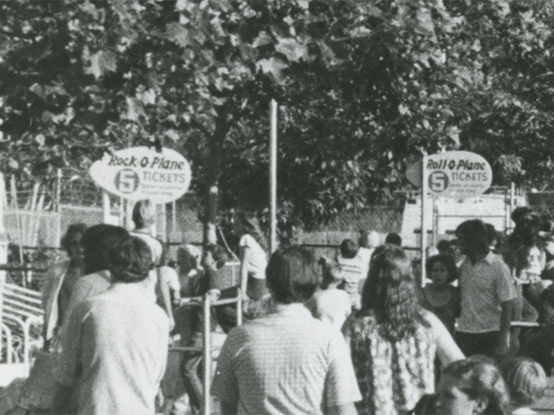 Rock-O-Plane and Roll-O-Plane signs visible in this 1980 photo of the South Midway. Photo courtesy of Deseret News
