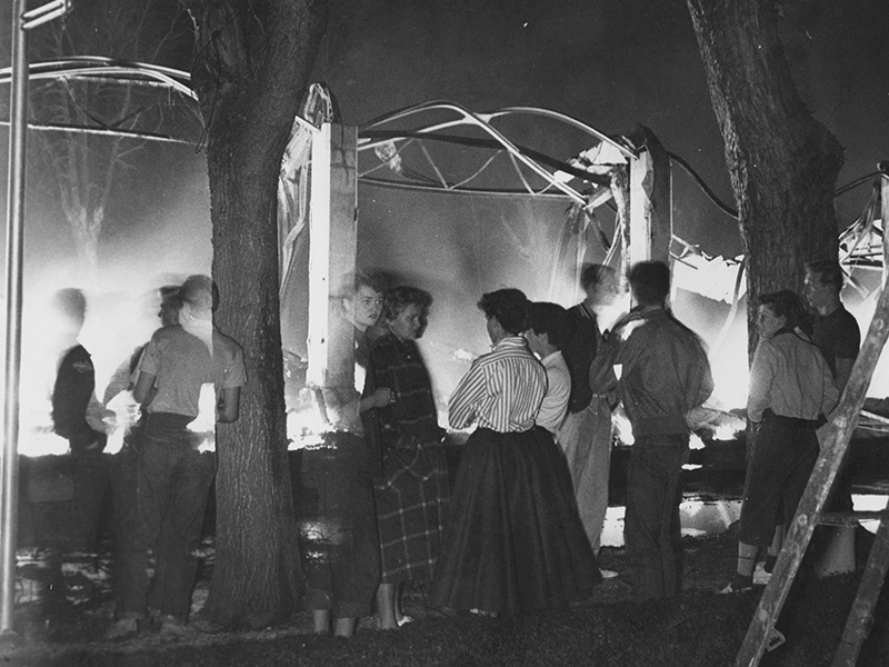 Spectators watch the demise of the Dancing Pavilion. Photo courtesy of Deseret News