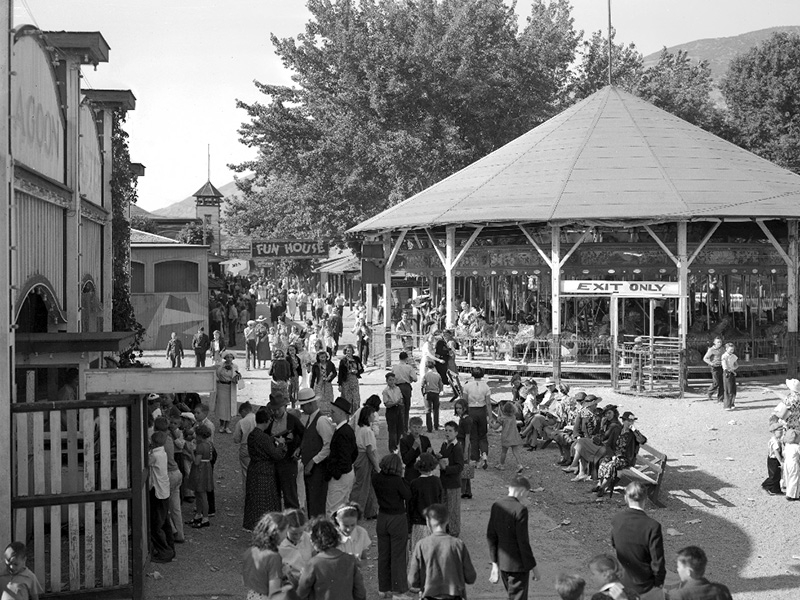 June 1937 photo showing the entrance to the Roller Coaster, Fun House and Carousel. Photo: Utah State Historical Society