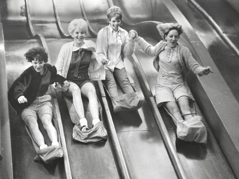 Molly Stansfield, Sherry Pyper, Karma Ivory & Camille Fox on the slides in 1967. Photo courtesy of Deseret News