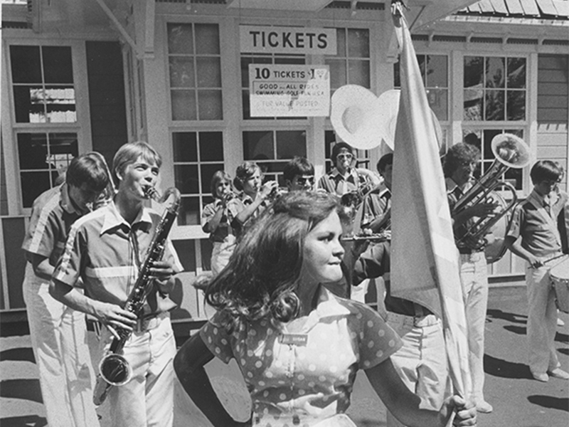 Majorette Sue Applegate and the Lagoon Show Band in front of the station in 1975. Photo courtesy of Deseret News