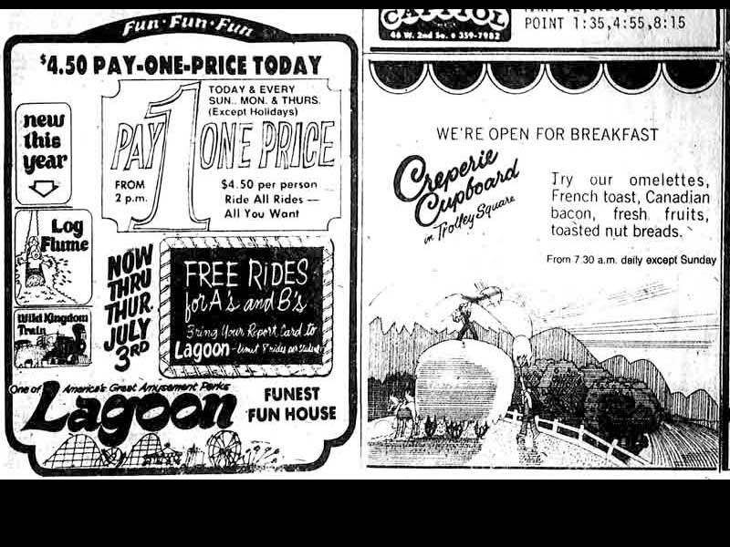 26 Jun 1975 ads for Lagoon and Lagoon Corp.'s Creperie Cupboard restaurant at Trolley Square.