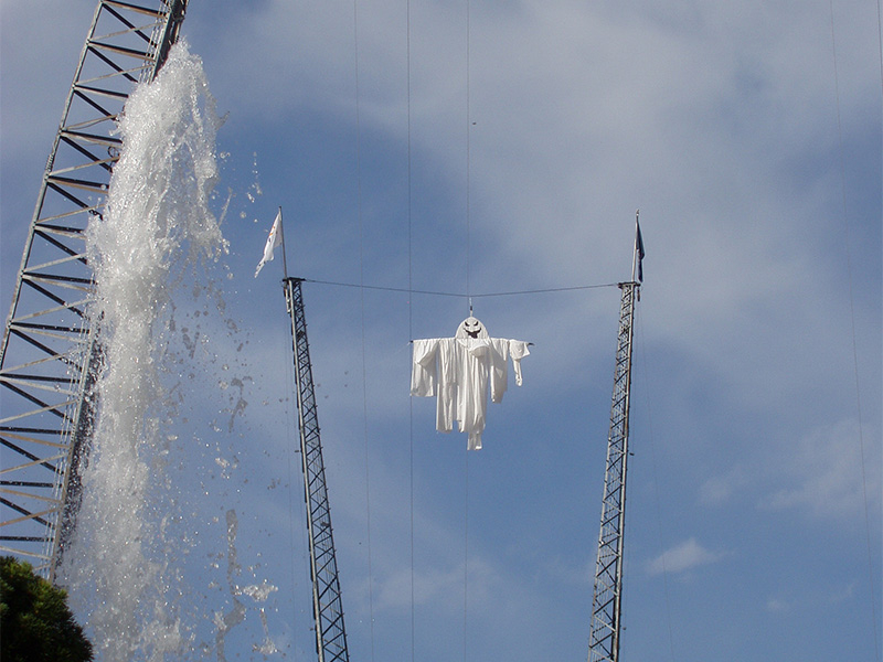 Ghost that hung from the launch tower every year for Frightmares. Photo: B. Miskin