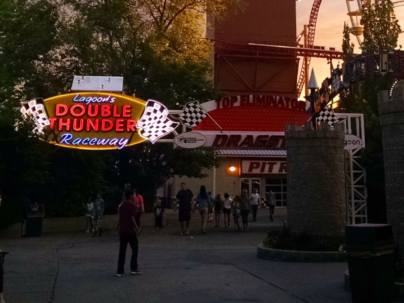 The Double Thunder sign in 2015 with the go-kart removed. The Top Eliminator sign remains to the right even though it had been closed for years by that time. Photo: B. Miskin
