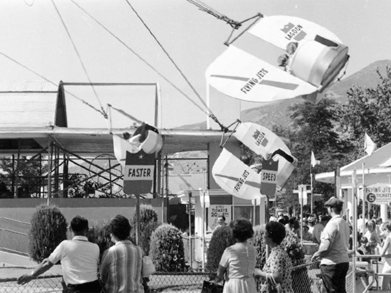 Flying Jets (known as the Flying Aces today) in 1967 when it was located south of the Roller Coaster station. Photo: Special Collections and Archives, Utah State University